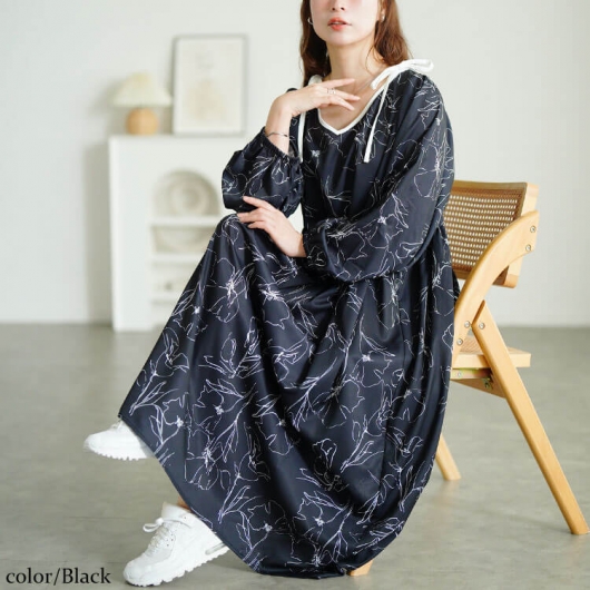 大きいサイズ レディース 花柄配色パイピング肩リボンワンピース fem