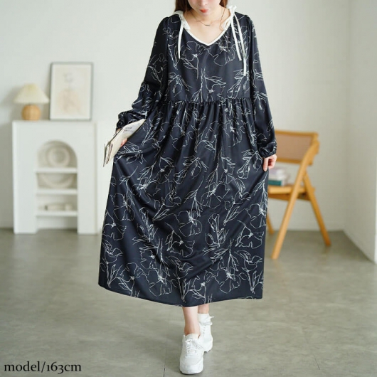 大きいサイズ レディース 花柄配色パイピング肩リボンワンピース fem