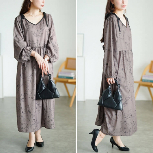 大きいサイズ レディース 花柄配色パイピング肩リボンワンピース fem