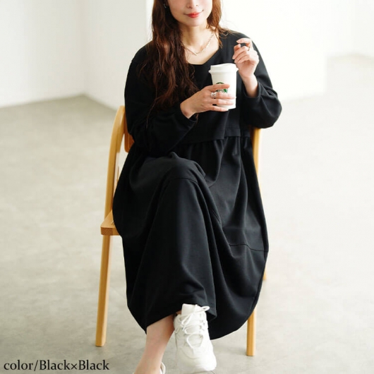 萌✨モユル 変形ワンピース 長袖 ティアード バルーン ブラック 大きいサイズ レディース 袖口タックドッキングバルーンワンピース fem