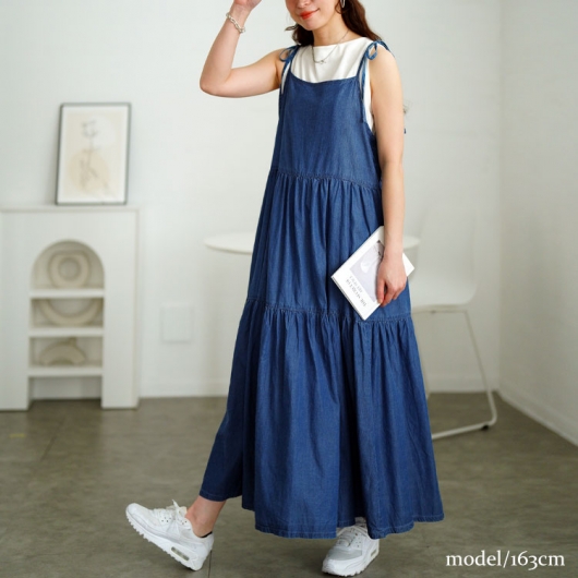 大きいサイズ レディース コットンデニムティアードキャミワンピース