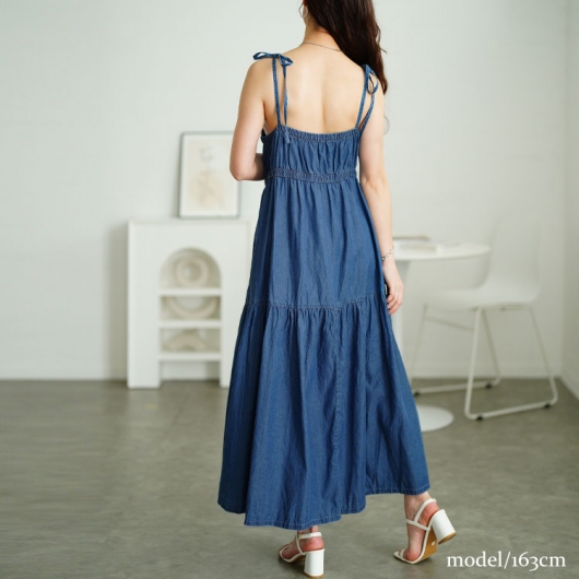 大きいサイズ レディース コットンデニムティアードキャミワンピース