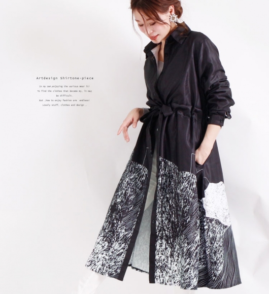 大人気 完売品✨ダイアグラム キカシャツプリントワンピース プリーツ 近年モデル 大きいサイズ レディース アート柄シャツワンピース gold742