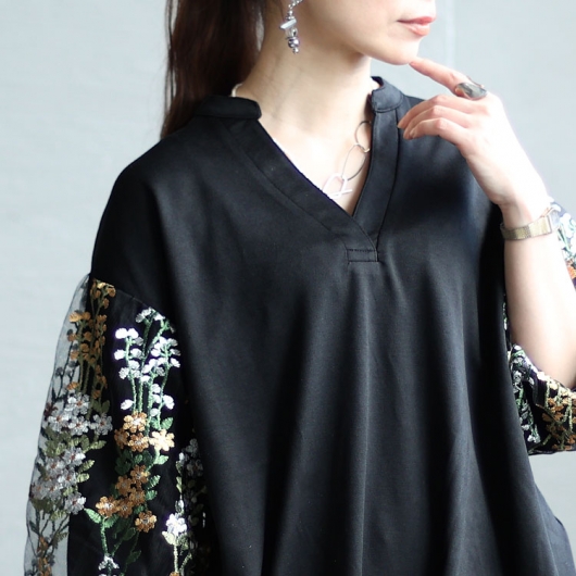 大きいサイズ レディース 刺繍ボリューム袖トップス gold928