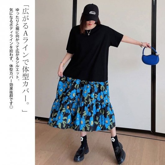 大きいサイズ レディース 花柄ドッキングワンピース goldy-1018