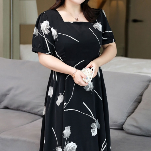 【即日発送】大きいサイズ♡パフスリーブドッキングワンピ♡小花柄♡黒色♡XL パフスリーブ小花柄ロングワンピース[品番：ABIW0010280