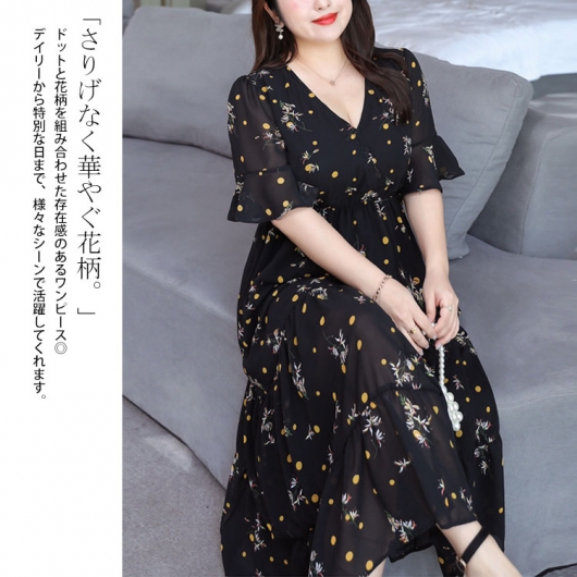 大きいサイズ レディース 花柄ティアードシフォンワンピース
