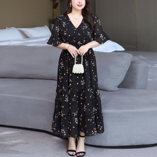 大きいサイズ レディース 花柄ティアードシフォンワンピース