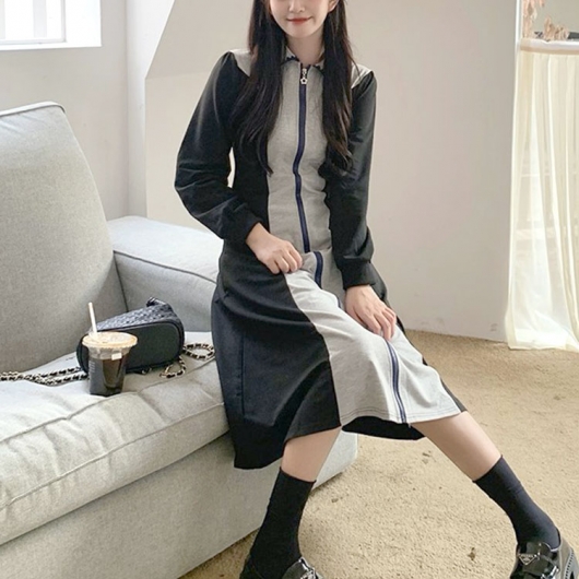 【新品】【大きいサイズ】【XL】SOBRE モノグラムジッパーワンピース 大きいサイズ レディース 配色切替フロントファスナーワンピース