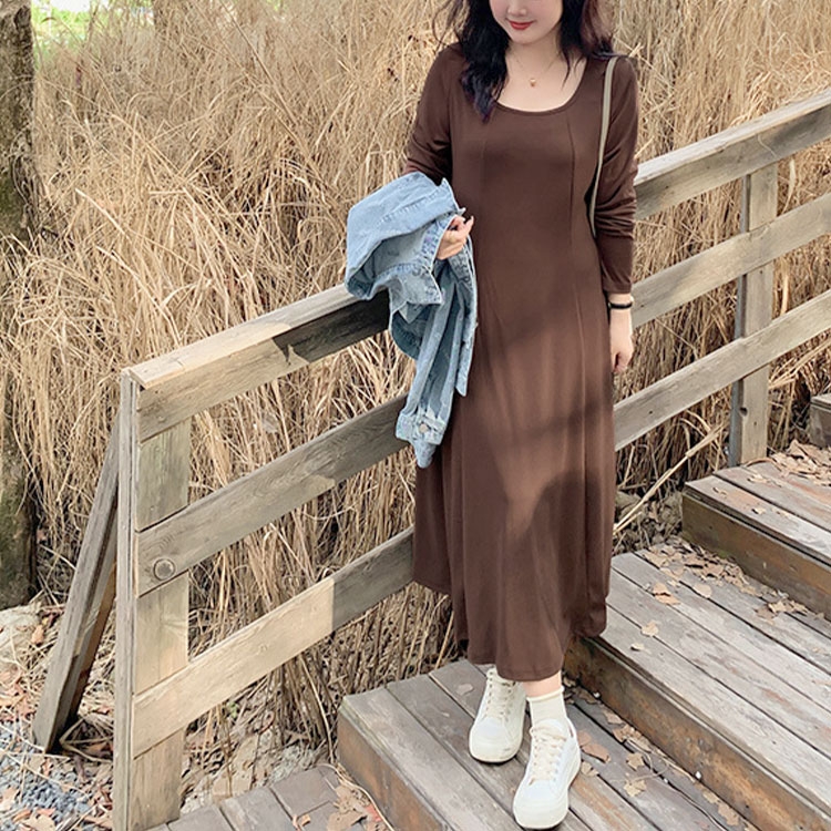 レキップヨシエイナバ　ストレッチサッカーワンピ　ロングフレア　茶色 大きいサイズ レディース ロングフレアワンピース goldy-1411｜大きい