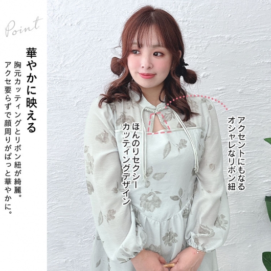 大きいサイズ レディース デコルテカットアウト花柄ワンピース 大きいサイズ レディース デコルテカットアウト花柄ワンピース