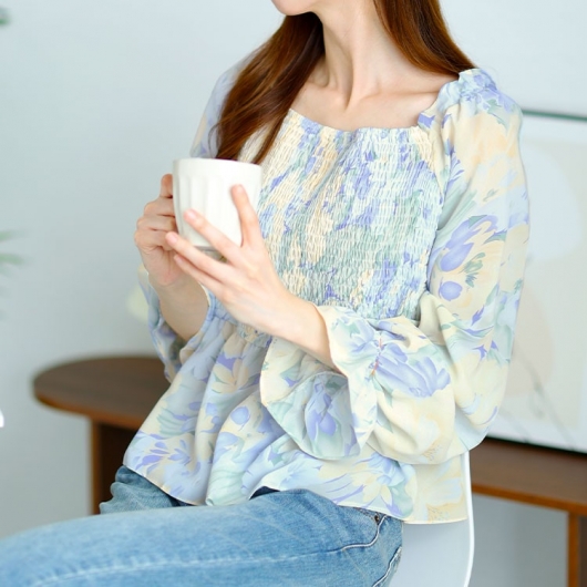 大きいサイズ レディース 花柄シャーリングペプラムブラウス