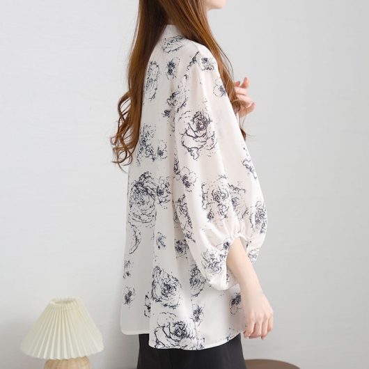 大きいサイズ レディース スタンドカラー花柄シアーブラウス