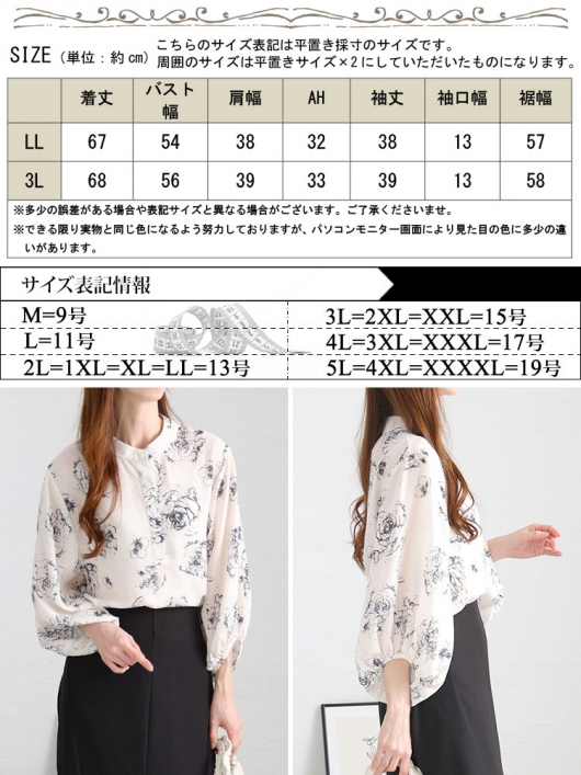 大きいサイズ レディース スタンドカラー花柄シアーブラウス