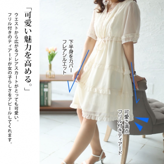 大きいサイズ レディース Vネックティアードフリルワンピース goldy