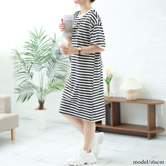 大きいサイズ レディース 英字ロゴボーダーチュニックワンピース goldy