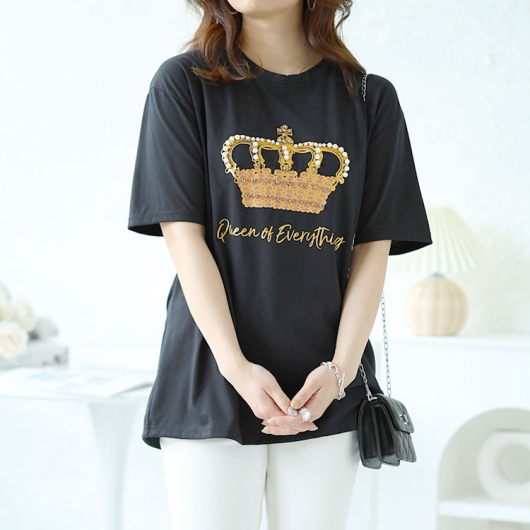 大きいサイズ レディース ビジュー付きロゴTシャツ goldy-1490