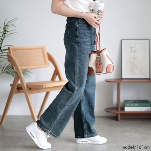 大きいサイズ レディース スタッズ付きストレートデニムパンツ