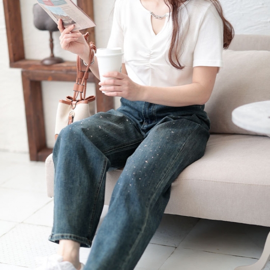 大きいサイズ レディース スタッズ付きストレートデニムパンツ 大きいサイズ レディース スタッズ付きストレートデニムパンツ