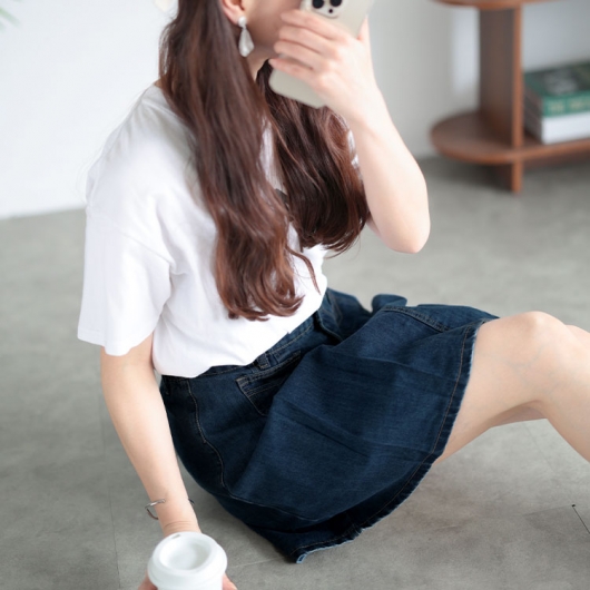 大きいサイズ レディース パンツ裏地付きプリーツデニムミニ