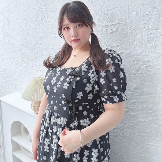 大きいサイズ レディース スクエアネック花柄ロングワンピース
