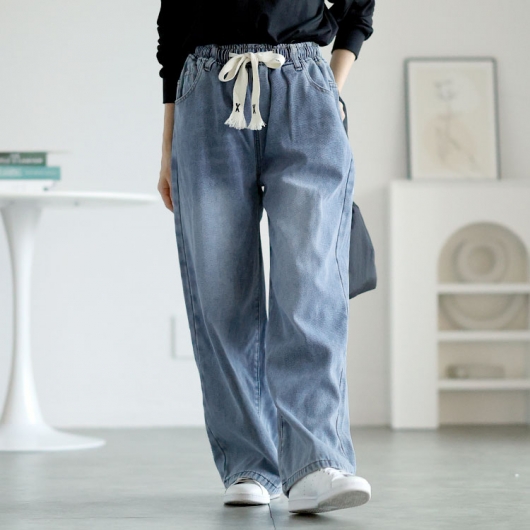 AnAn LLC デニム/ワイドパンツ/ウエスト紐ベルト/ライトブルー