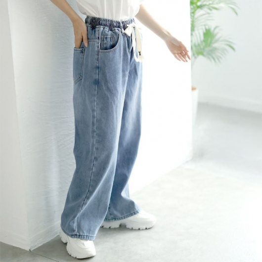 大きいサイズ レディース 裏起毛ウエスト紐デニムワイドパンツ 大きいサイズ レディース 裏起毛ウエスト紐デニムワイドパンツ