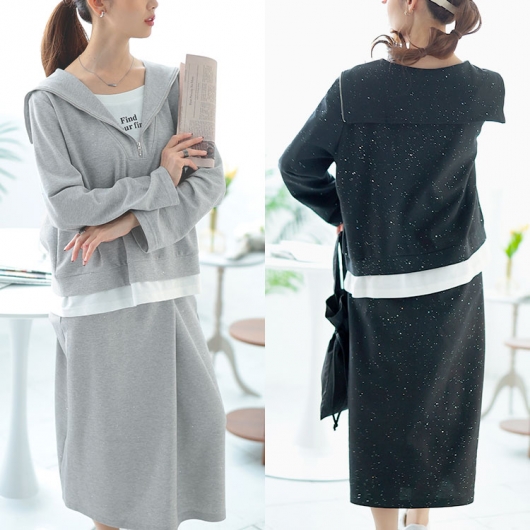 大きいサイズ レディース 重ね着風ラメハーフジップトップス＆ロング