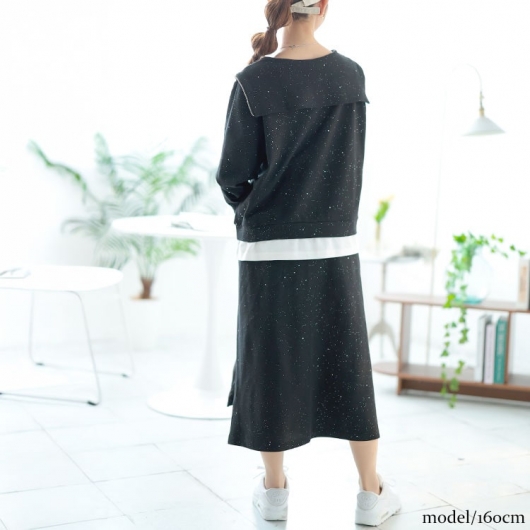 大きいサイズ レディース トップス スカート セットアップ ハーフジップ 重ね着 ラメ 韓国 冬コーデ 春 秋 LL 2L 3L 4L 5L ブラック グレー ゴールドジャパン 大きいサイズ レディース 重ね着風ラメハーフジップトップス