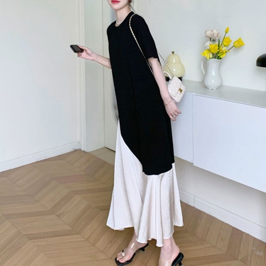 大きいサイズ レディース 異素材アシンメトリーフレアワンピース goldy