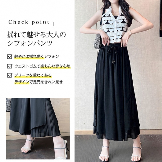 M &Kyoko 黒　パンツ　レース　サイズフリー　ウエストゴム　プリーツ M &Kyoko 黒 パンツ レース サイズフリー ウエストゴム プリーツ