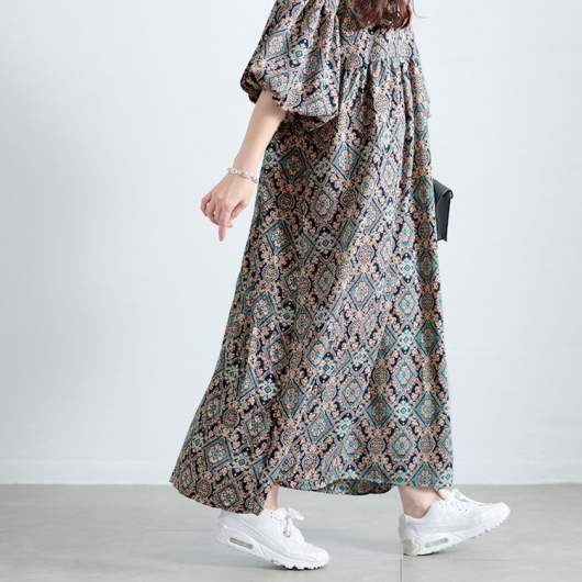 レオナール ペイズリー柄 袖 シルク混 ギャザー風 ロング ワンピース M