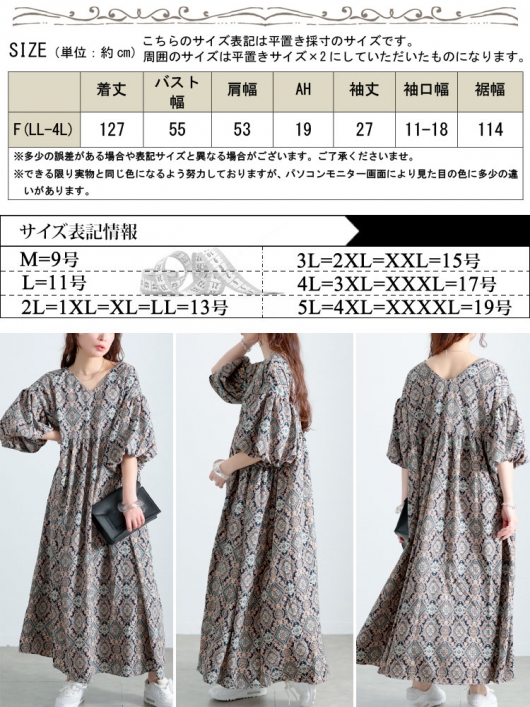 【13号】LAURAASHLEY ロングワンピース総柄 パイピング Vネック 大きいサイズ レディース バルーン袖オリエンタル柄ロング