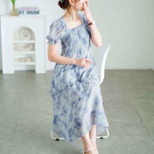 大きいサイズ レディース 水彩花柄シャーリングワンピース goldy