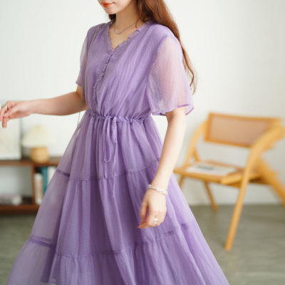 【韓国ブランド】カウンデリボンミディワンピースN148 大きいサイズ レディース ウエストリボンシフォンティアード