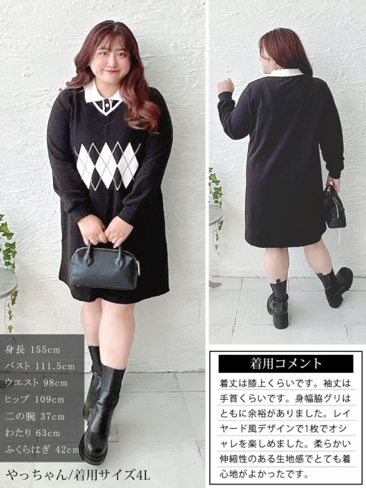 大きいサイズ レディース アーガイル柄レイヤード風ワンピース