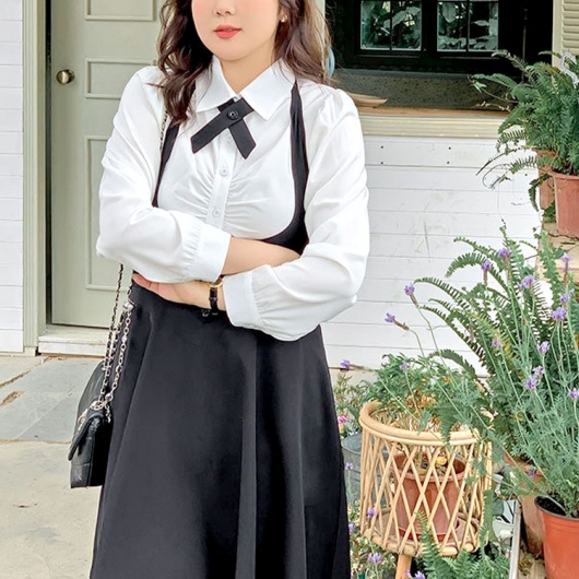 大きいサイズ レディース タックブラウス＆首掛けフレアスカート