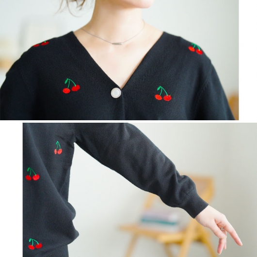 大きいサイズ レディース さくらんぼ柄Vネックニット