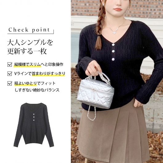 とても大きな長持　幅1.65m 大きいサイズ レディース Vネック模様編みニットプルオーバー goldy
