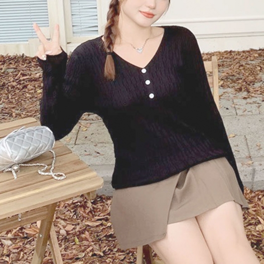 大きいサイズ レディース Vネック模様編みニットプルオーバー goldy