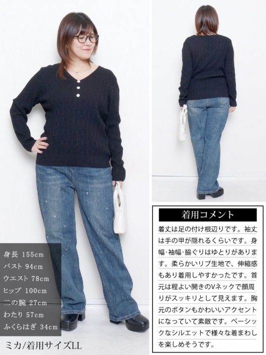 大きいサイズ レディース Vネック模様編みニットプルオーバー goldy