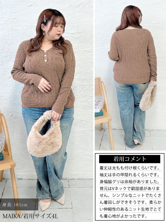 大きいサイズ レディース Vネック模様編みニットプルオーバー goldy