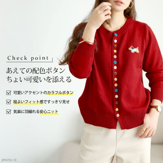 大きいサイズ レディース カラフルボタンワッペン付きニット