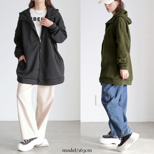 大きいサイズ レディース 裏起毛オーバーサイズジップアップパーカー