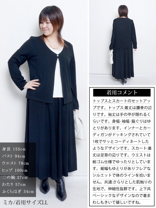 大きいサイズ レディース レイヤード風トップス＆ロングスカート2点