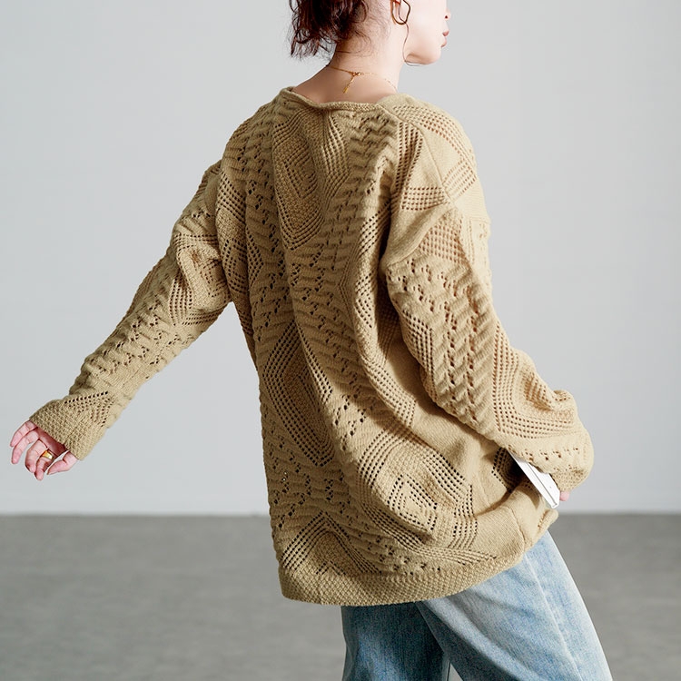 大きいサイズ レディース 透かし編みVネックニットプルオーバー goldy