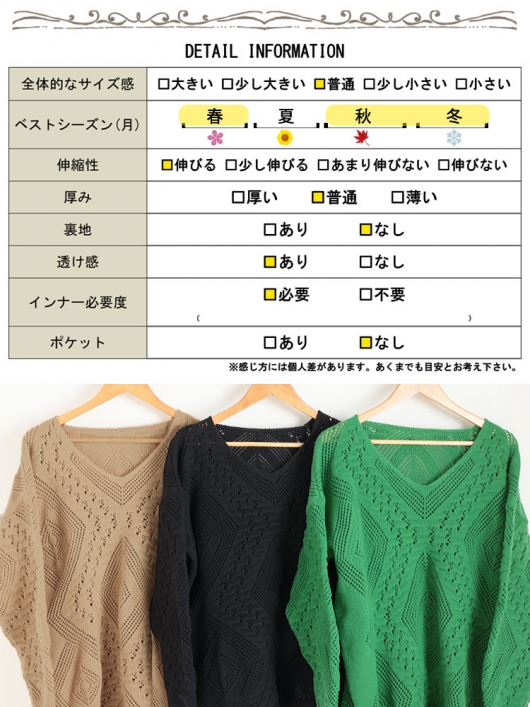 大きいサイズ レディース 透かし編みVネックニットプルオーバー goldy