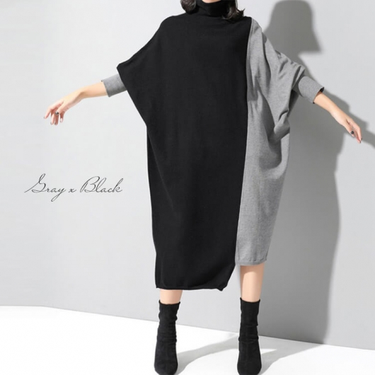 大きいサイズ レディース バイカラー長袖ワンピース goldy-841