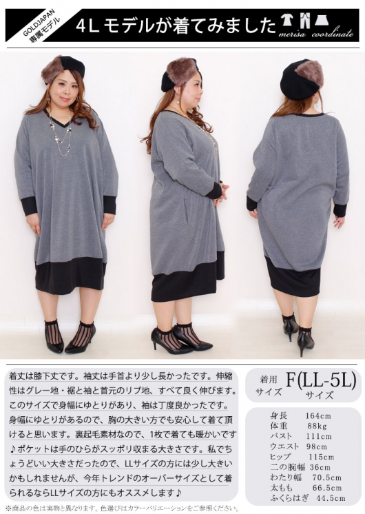 大きいサイズ レディース 裏起毛Vネックワンピース humio-024｜大きいサイズのレディース服専門通販【ゴールドジャパン公式サイト】