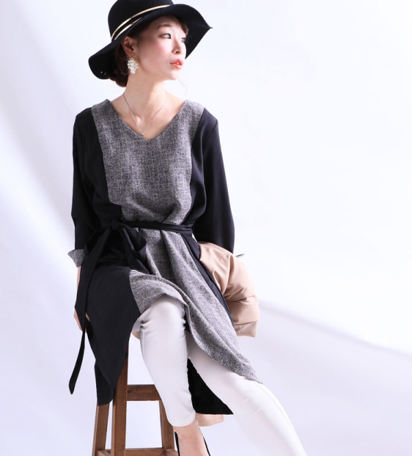 大きいサイズ レディース リボン付き異素材ワンピース jp136｜大きい